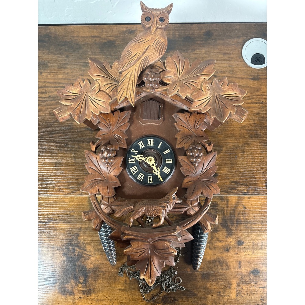 Vintage West Germany Hand Carved Wood Cuckoo Clock Owl Fox Leaves Pine Cones